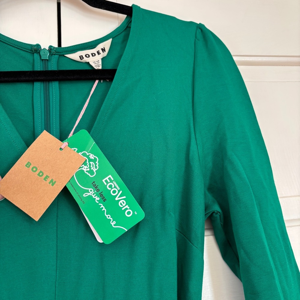 Boden Emilie Solid Green Jersey Knit Long Sleeve Midi Dress Tie Waist Size 6 NWT - Picture 3 of 11